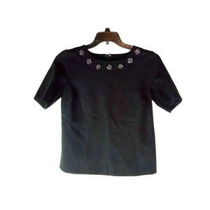 Talbots Womens Top Black Floral Rhinestone Back Zipper Round Neck Short Sleeve M